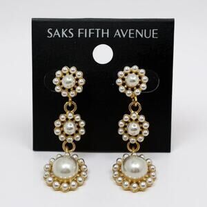 Saks Fifth Avenue Pearl Cluster Drop Earrings Gold-tone - Faux Pearl - New